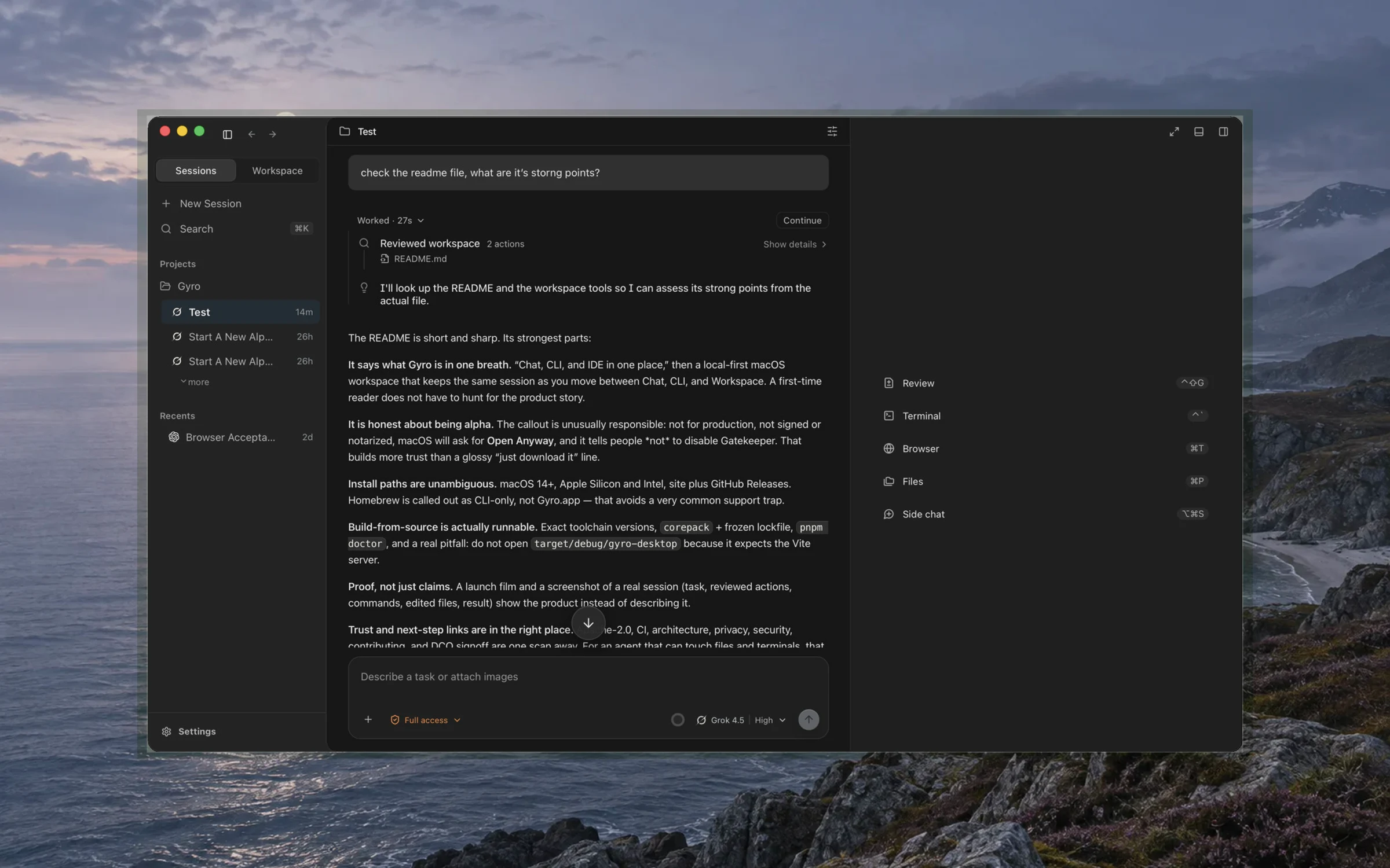 Gyro in dark mode: a session reviewing the README, with the project sidebar, chat, and workspace tools.