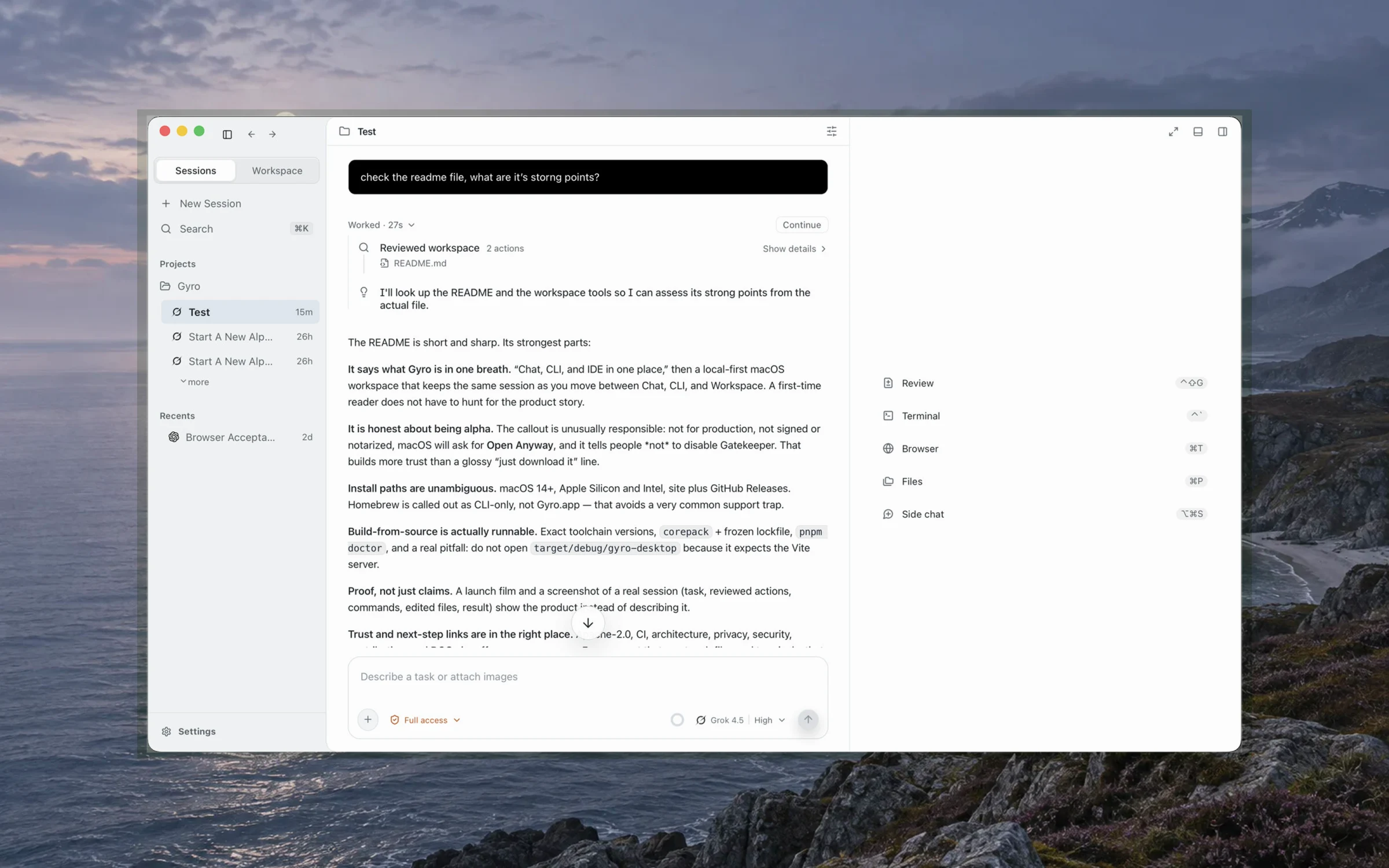 Gyro in light mode: a session reviewing the README, with the project sidebar, chat, and workspace tools.