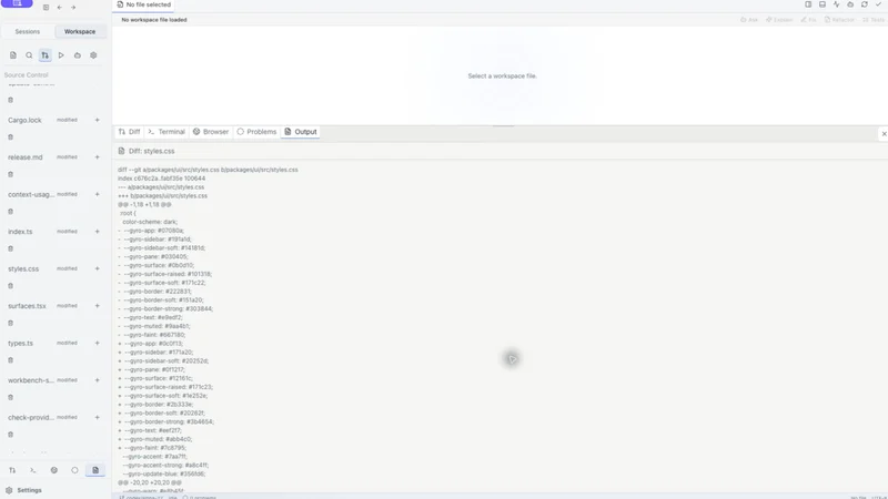 Gyro Workspace showing changed files beside a real CSS diff
